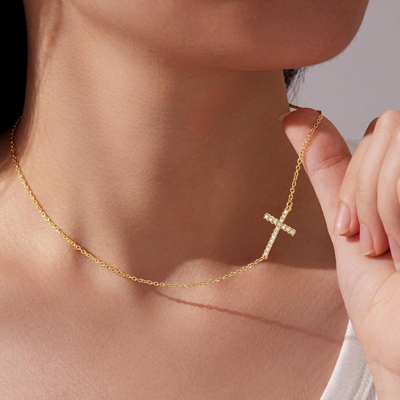 Poxtex Cross Necklace for Women Girls, Dainty 14K Gold Silver Plated Cross Choker Pendant Jewelry Non Tarnish Waterproof Trendy Cute Simple Small Necklace Easter Christian Baptism Religious Faith Jewelry Gifts - Image 2